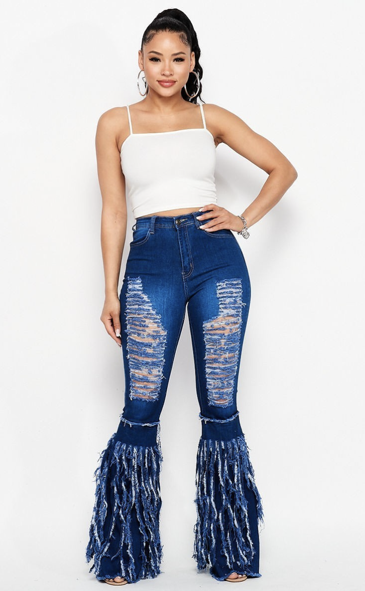 Distressed Denim Jeans Features Fringe Flare Legs (See Color Options ...