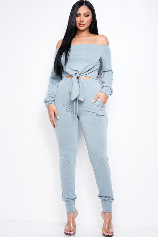Solid French Terry Off the Shoulder Tie Front Top and Jogger Pants